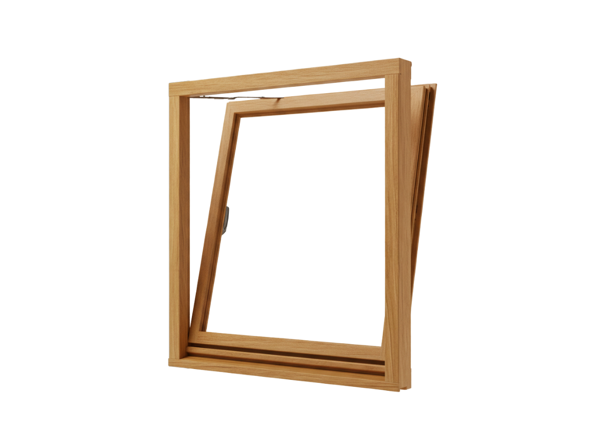 Holzfenster hellbraun Material Holz einflügeliger Rahmen mit Kippfunktion und sichtbarer Holzmaserung