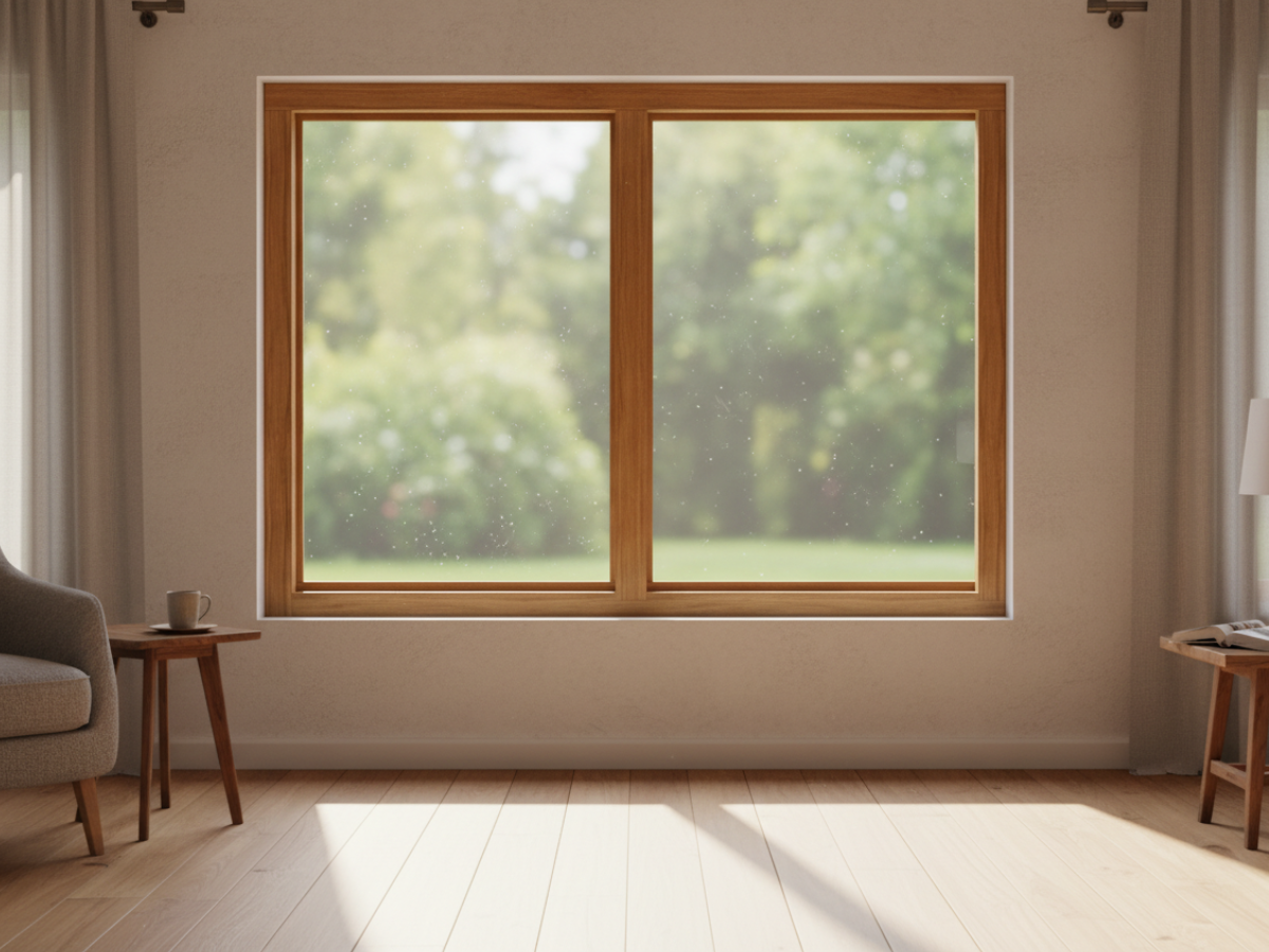 Zweiteilig festverglastes Holzfenster mit horizontaler Teilung im wohnzimmer