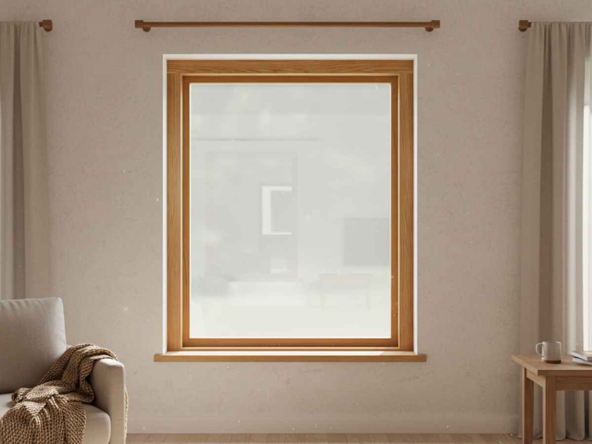 Einteilig festverglastes Holzfenster im wohnzimmer