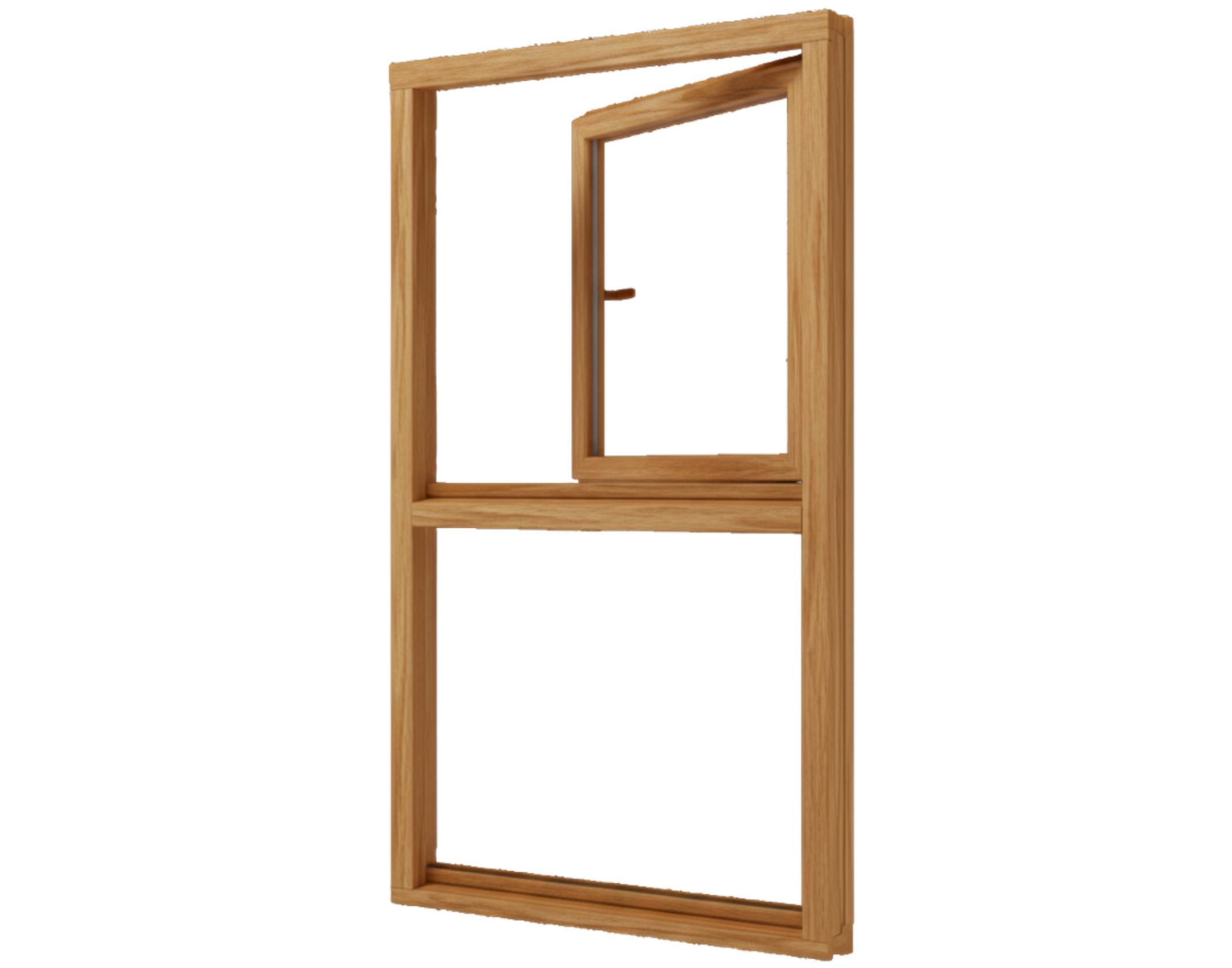 Holzfenster hellbraun aus Holz, einflügelig geöffnet mit Griff und sichtbarer Holzmaserung