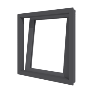 Graues Aluminium-Kippfenster, das oben geöffnet ist